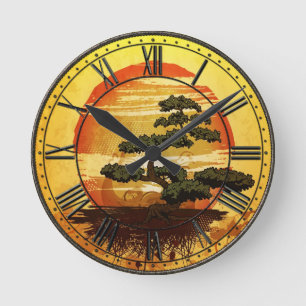 Japanese Bonsai Tree Sunset Round Clock