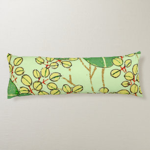 Japanese Botanical Green Leaf Woodblock Print Body Cushion