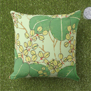 Japanese Botanical Green Leaf Woodblock Print Cushion