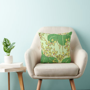Japanese Botanical Green Leaf Woodblock Print Cushion