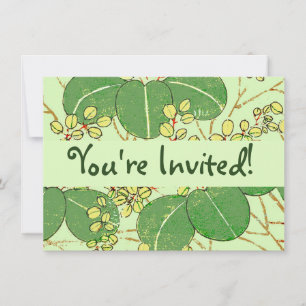 Japanese Botanical Green Leaf Woodblock Print Invitation