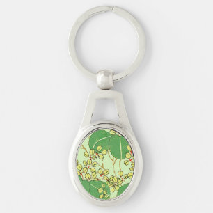 Japanese Botanical Green Leaf Woodblock Print Key Ring