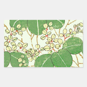 Japanese Botanical Green Leaf Woodblock Print Rectangular Sticker