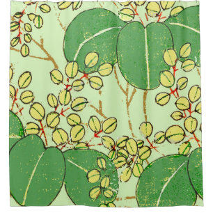Japanese Botanical Green Leaf Woodblock Print Shower Curtain