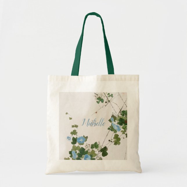Japanese Botanical Watercolor Blue Flower Tote Bag (Front)