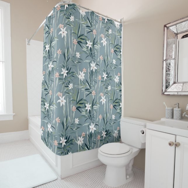 Japanese botanical zen flowers pattern shower curtain (In Situ)