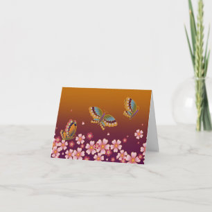 Japanese Butterflies Amid Sakura Bloom Gold & Plum Note Card