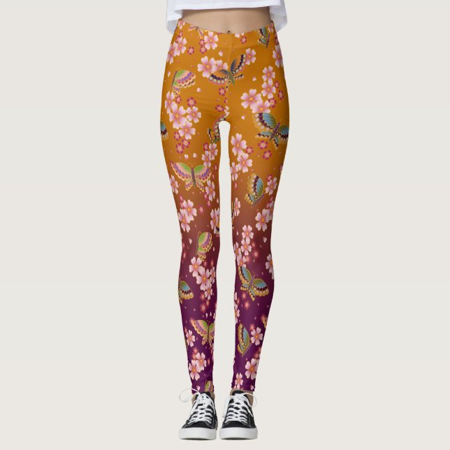 Japanese Butterflies Amid Sakura Blooms Gold  Plum Leggings (Front)
