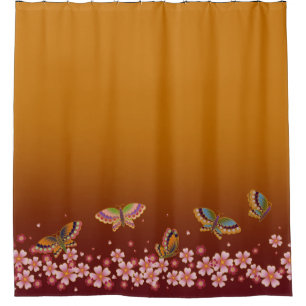 Japanese Butterflies Amid Sakura Blooms Gold Plum Shower Curtain
