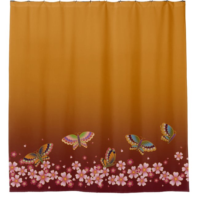 Japanese Butterflies Amid Sakura Blooms Gold  Plum Shower Curtain (Front)