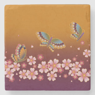 Japanese Butterflies Amid Sakura Blooms Gold Plum Stone Coaster