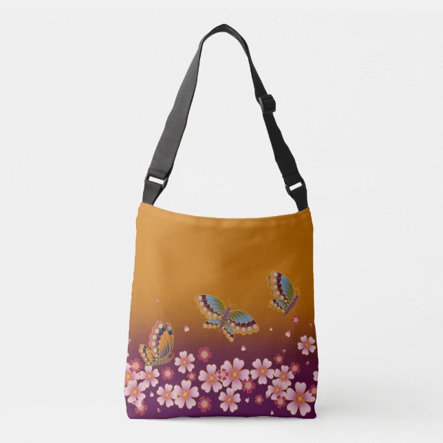 Japanese Butterflies Amid Sakura Blossoms Gold Crossbody Bag (Front)