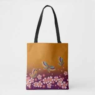 Japanese Butterflies Amid Sakura Blossoms Gold Tote Bag