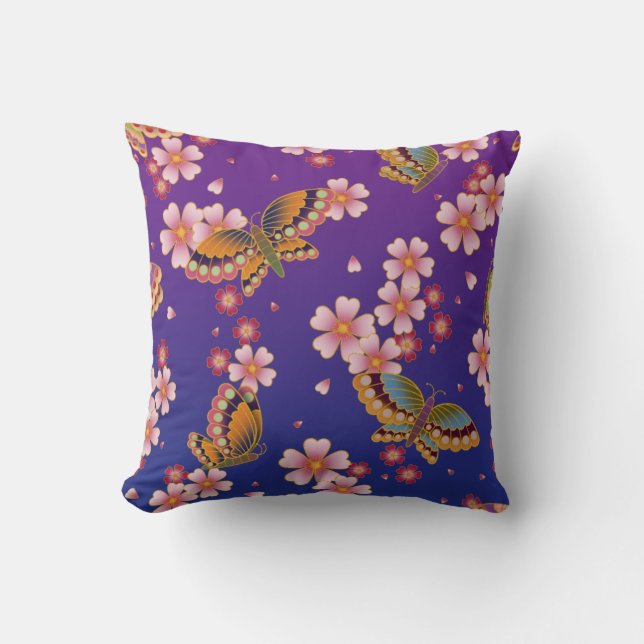 Japanese Butterflies Amid Sakura Blossoms Purple Cushion (Front)