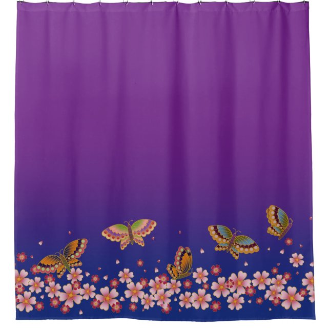 Japanese Butterflies Amid Sakura Blossoms Purple Shower Curtain (Front)