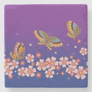 Japanese Butterflies Amid Sakura Blossoms Purple Stone Coaster