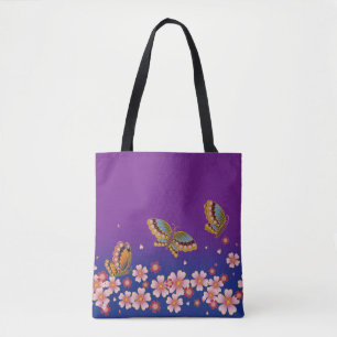 Japanese Butterflies Amid Sakura Blossoms Purple Tote Bag