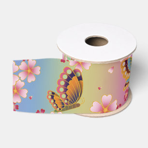 Japanese Butterflies Amid Sakura Blossoms Rainbow Grosgrain Ribbon
