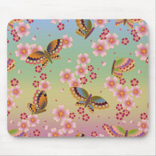 Japanese Butterflies Amid Sakura Blossoms Rainbow Mouse Pad