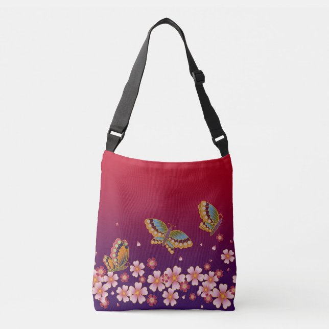 Japanese Butterflies Amid Sakura Blossoms Red Crossbody Bag (Front)