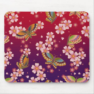 Japanese Butterflies Amid Sakura Blossoms Red Mouse Pad