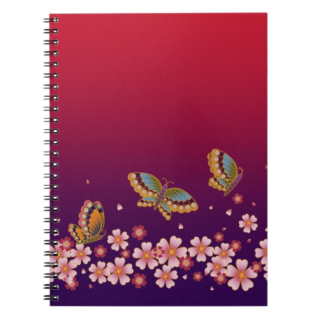 Japanese Butterflies Amid Sakura Blossoms Red Notebook (Front)