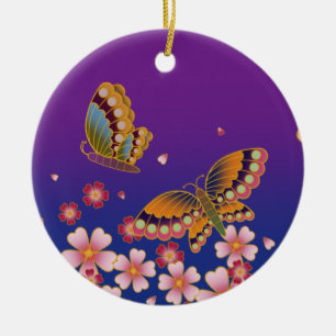 Japanese Butterflies Blue & Purple Personalised Ceramic Tree Decoration