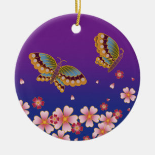Japanese Butterflies Blue & Purple Personalised Ceramic Tree Decoration