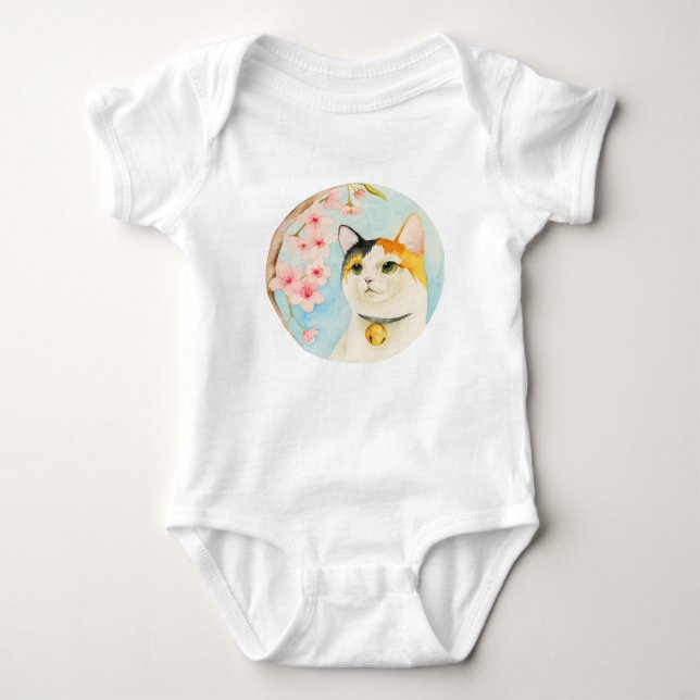 Japanese Calico Cat and Cherry Blossom Watercolor Baby Bodysuit (Front)