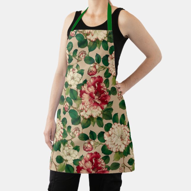 Japanese Camellia Pattern. Deep Pink on Beige Apron (Insitu)