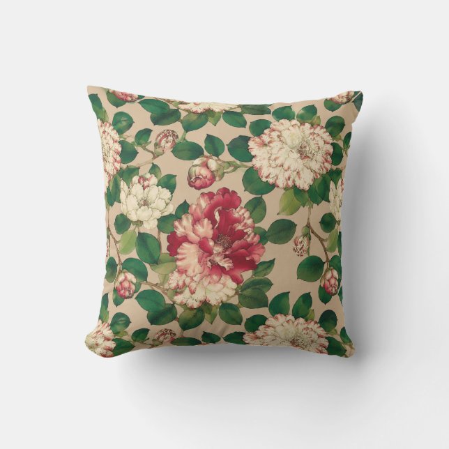 Japanese Camellia Pattern. Deep Pink on Beige Cushion (Front)