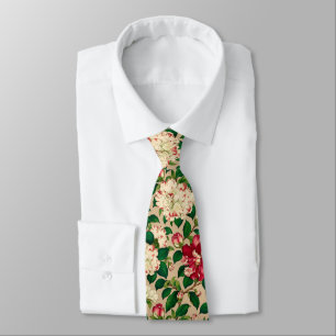 Japanese Camellia Pattern. Deep Pink on Beige Tie