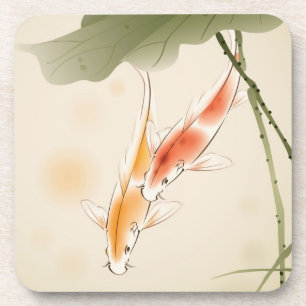 Japanese Carp fishes swimming in lotus pond Coaster