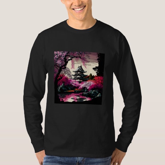 Japanese Castle in a forest of cherry blossoms pai T-Shirt (Front)