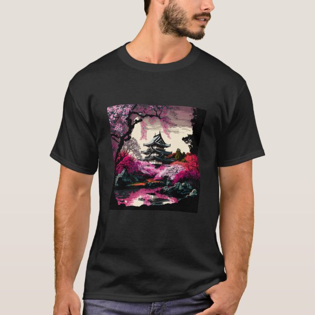 Japanese Castle in a forest of cherry blossoms pai T-Shirt (Front)