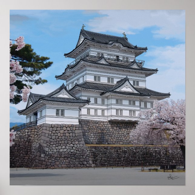 Japanese Castle, Odawara, sakura illustration Poster (Front)