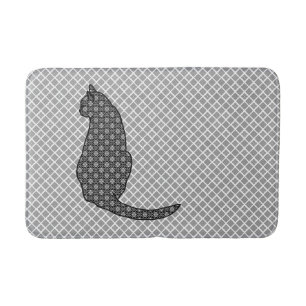 Japanese Cat - Black and White Kimono Print Bath Mat