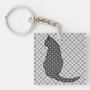 Japanese Cat - Black and White Kimono Print Key Ring