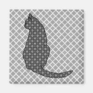Japanese Cat - Black and White Kimono Print Magnet