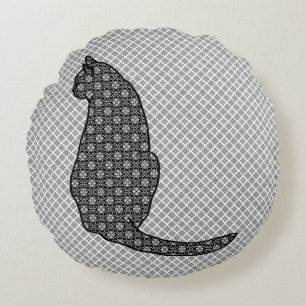 Japanese Cat - Black and White Kimono Print Round Cushion
