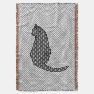Japanese Cat - Black and White Kimono Print Throw Blanket