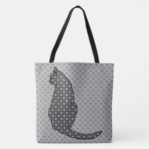 Japanese Cat - Black and White Kimono Print Tote Bag