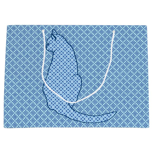 Japanese Cat - Blue Kimono Print Large Gift Bag (Front)