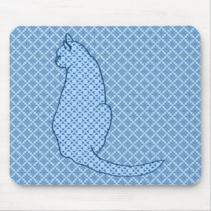 Japanese Cat - Blue Kimono Print Mouse Pad