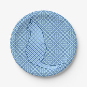 Japanese Cat - Blue Kimono Print Paper Plate