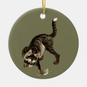 Japanese Cat Catching a Frog Ceramic Tree Decoration
