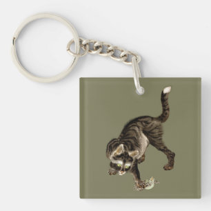 Japanese Cat Catching a Frog Key Ring
