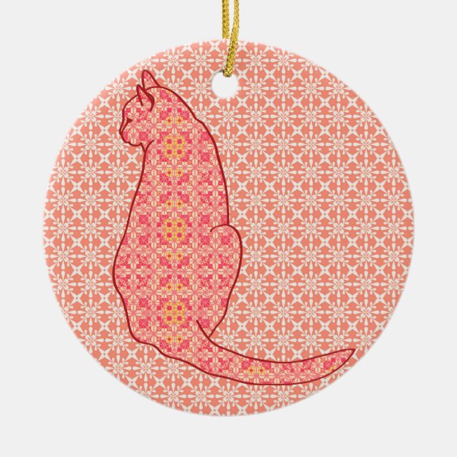 Japanese Cat - Coral Orange Batik Ceramic Tree Decoration (Front)