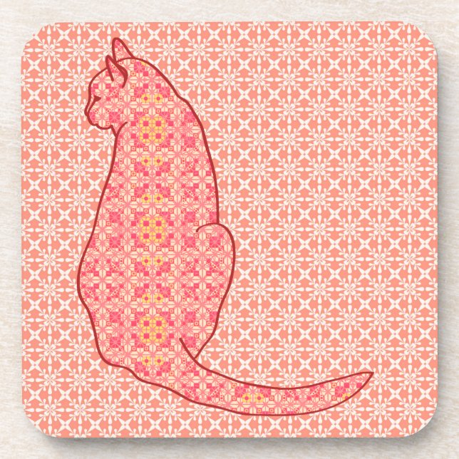 Japanese Cat - Coral Orange Batik Coaster (Front)