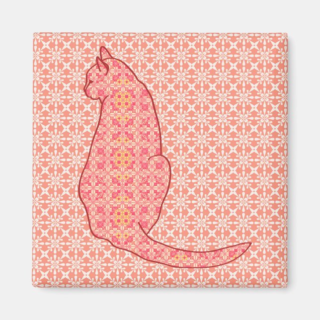Japanese Cat - Coral Orange Batik Magnet (Front)